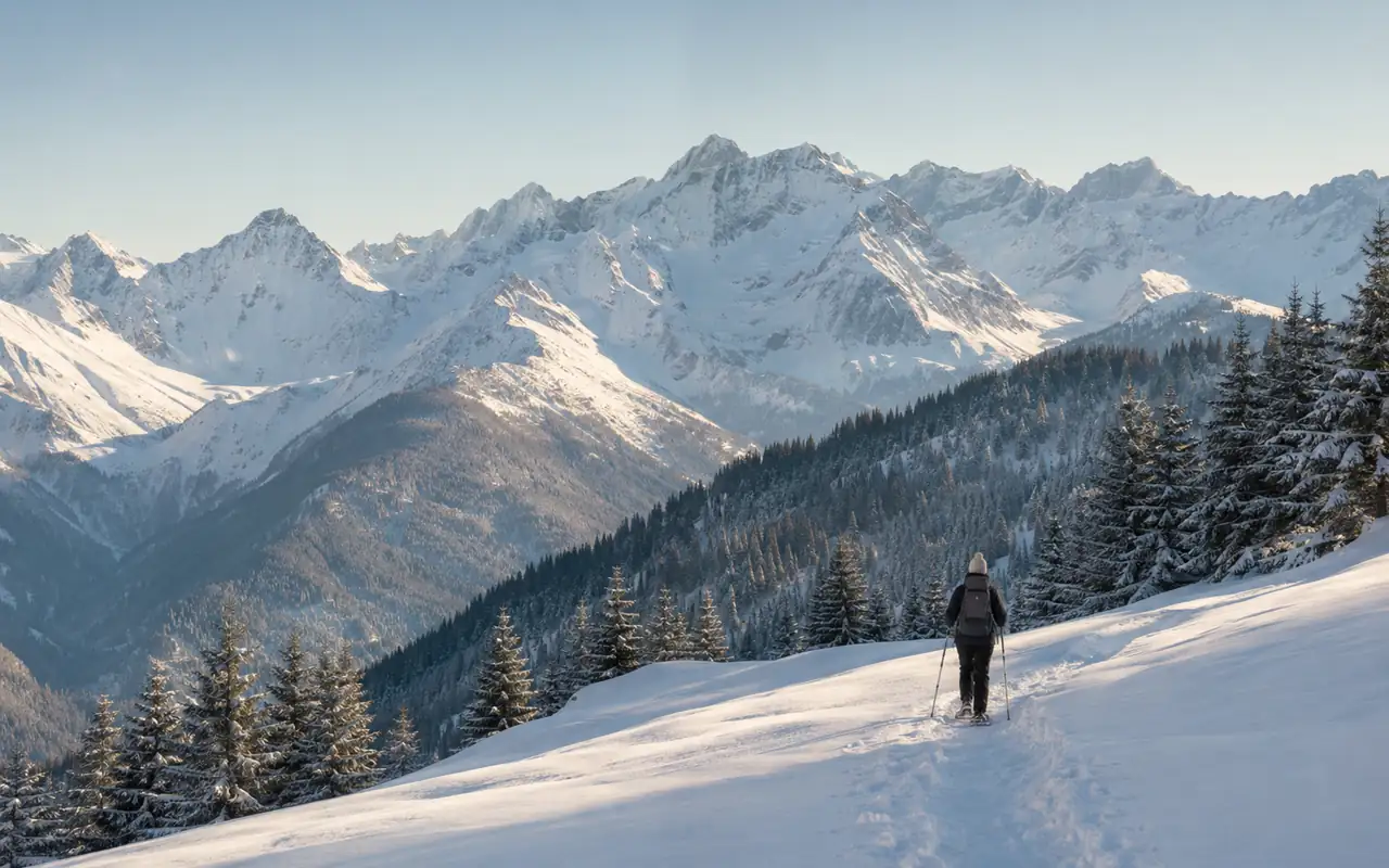 Randonneur en raquettes dans un paysage de montagne enneigé